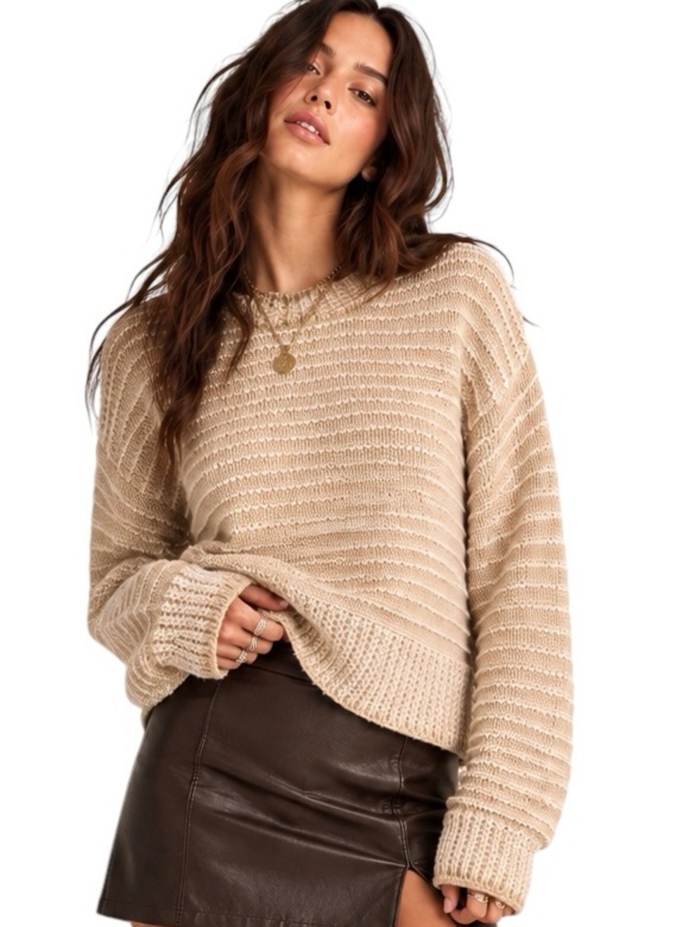 ALL IN FAVOR Chunky Stripe Sweater Natural Ivory Wool Blend Large